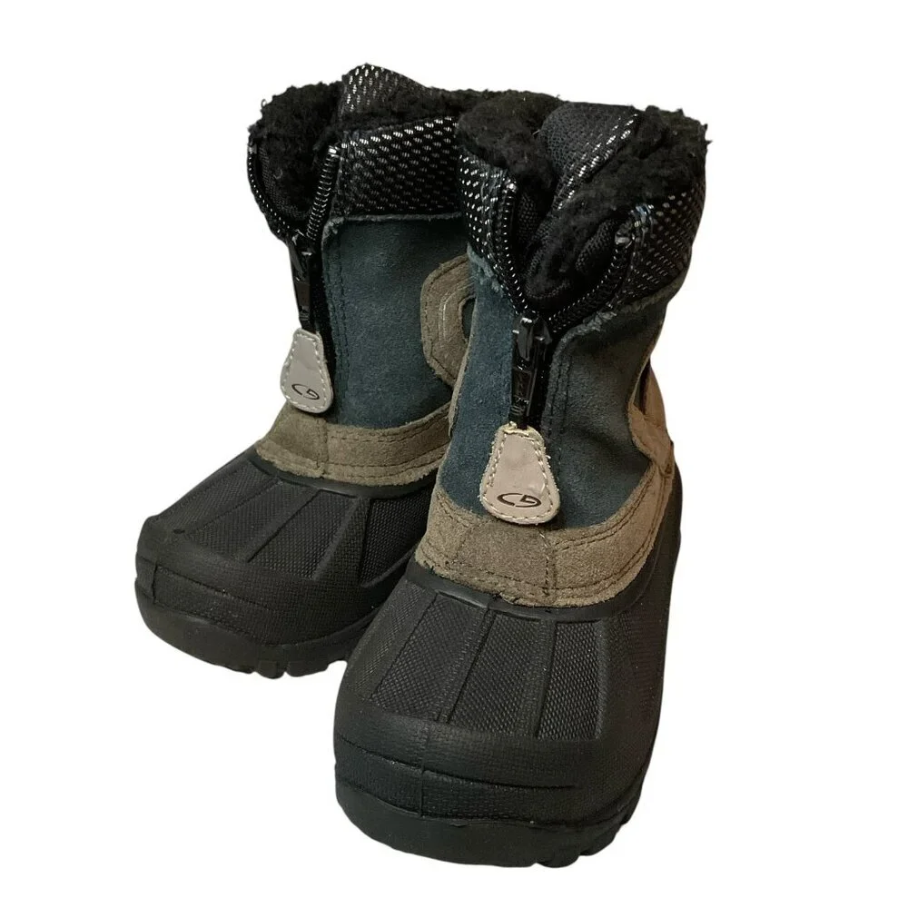 Thermolite winter snow boots childs kids Size 8 leather front zipper Green Boy’s